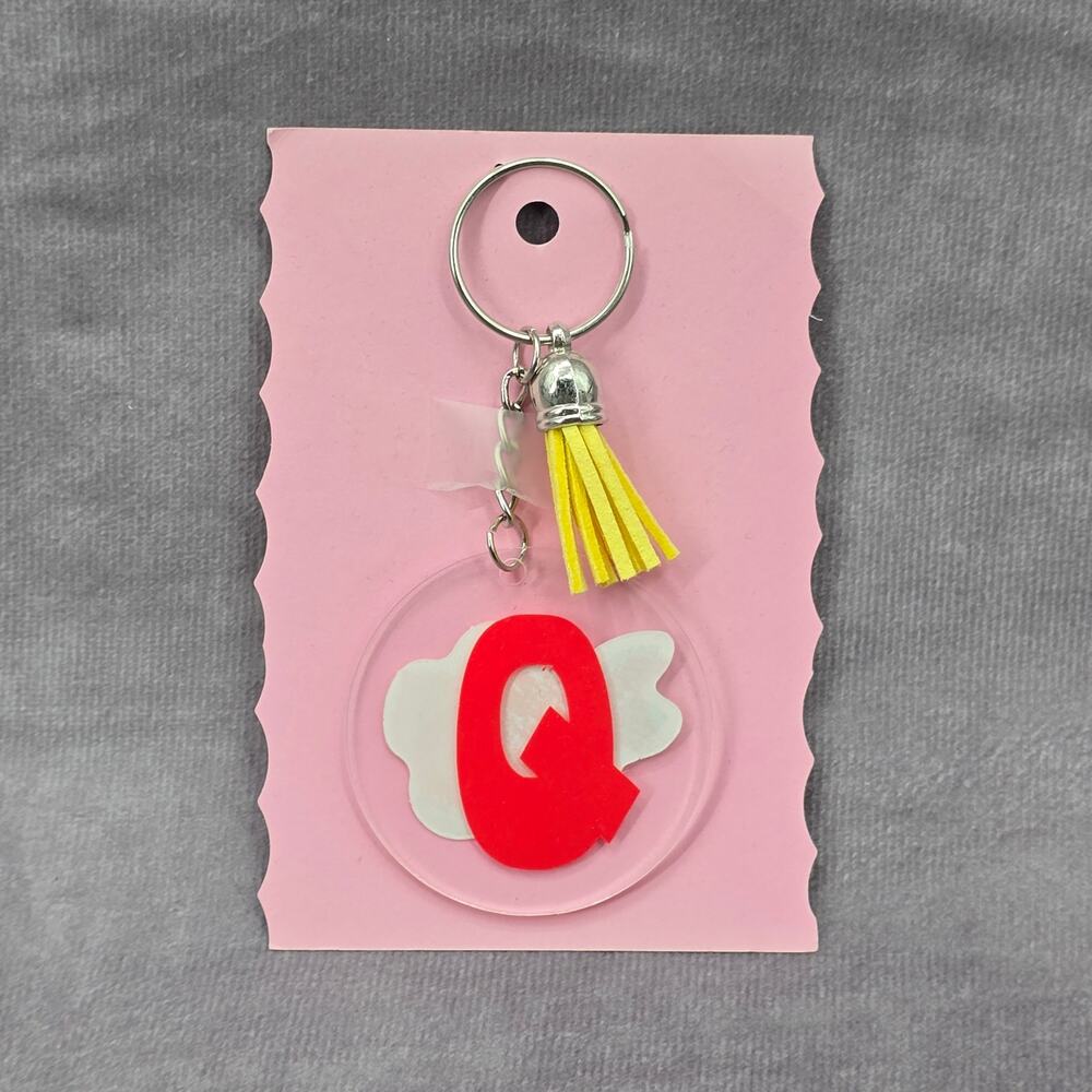 Letter Keychain‎ Clear Silver Circle Handmade Acrylic Tassel Flower Q Yellow